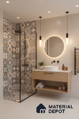 Modern bathroom with patterned moroccan tiles, light wood floating vanity, and matte white wall tiles in Bengaluru | Material Depot