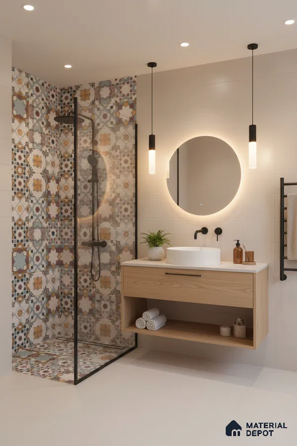 Modern bathroom with patterned moroccan tiles, light wood floating vanity, and matte white wall tiles in Bengaluru | Material Depot
