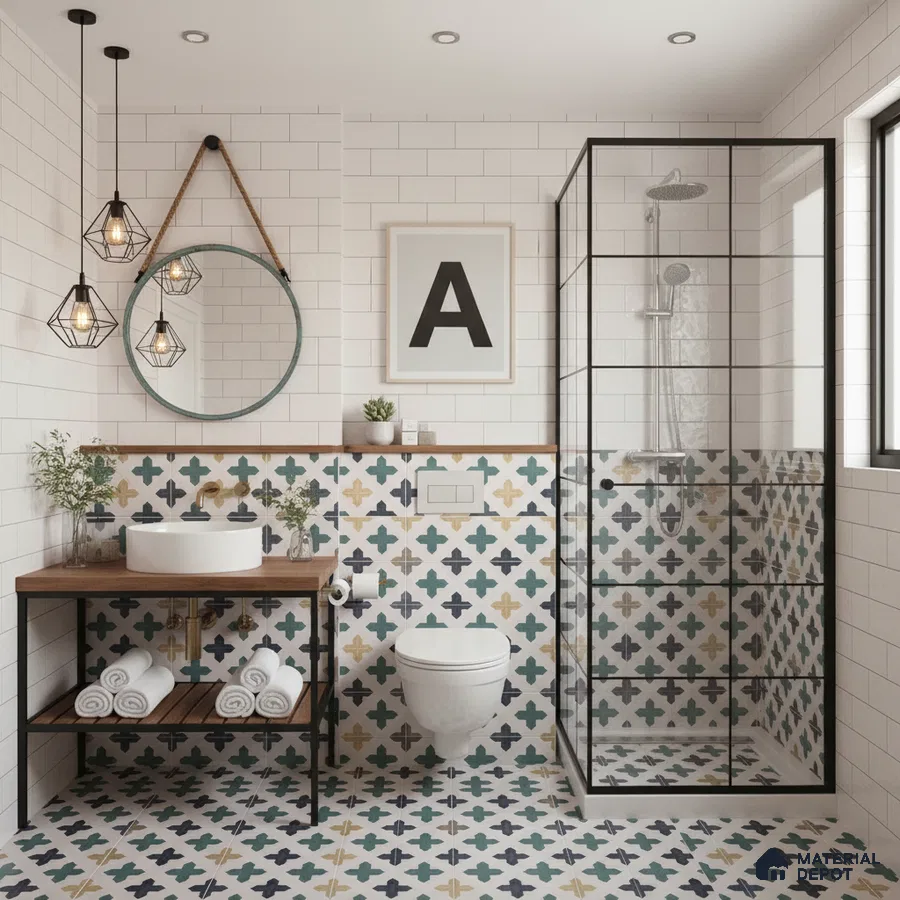 Modern bathroom with patterned moroccan tiles, white subway wall tiles, and black-framed glass shower in Bengaluru | Material Depot