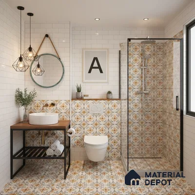 Modern bathroom with patterned moroccan tiles, white subway wall tiles, and wood countertop vanity in Bengaluru | Material Depot