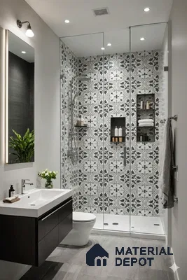 Modern bathroom with patterned moroccan wall tiles and grey wood-look floor tiles in Purva-Riviera-Whitefield 3 BHK Bengaluru Apartment