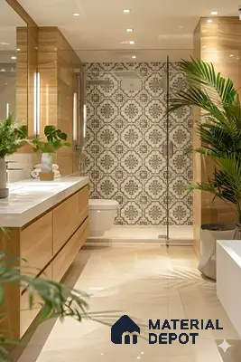 Modern bathroom with patterned moroccan wall tiles, light wood laminate vanity, and beige marble floor tiles in Purva Fountain Square Marathahalli 2 BHK Bengaluru Apartment