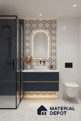 Modern bathroom with patterned moroccan wall tiles, terrazzo floor tiles, and navy blue vanity in Bengaluru | Material Depot