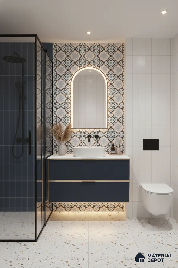 Modern bathroom with patterned moroccan wall tiles, terrazzo floor tiles, and navy blue vanity in Bengaluru | Material Depot