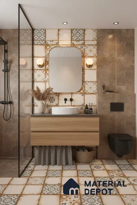 Modern bathroom with patterned vintage-look tiles, matte brown wall tiles, and light oak vanity in Bengaluru | Material Depot