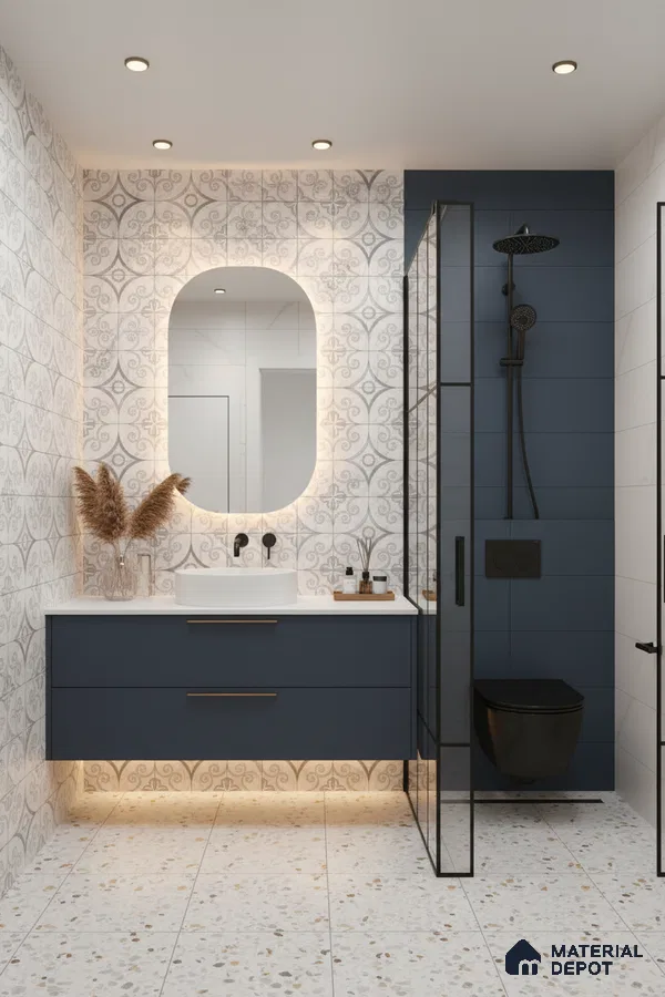 Modern bathroom with patterned wall tiles, terrazzo floor tiles, and navy blue vanity in Bengaluru | Material Depot