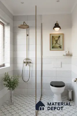 Modern bathroom with patterned white wall tiles and green geometric floor tiles | Material Depot