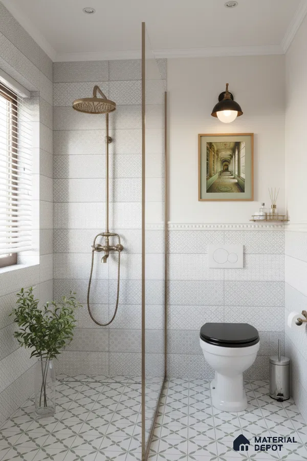 Modern bathroom with patterned white wall tiles and green geometric floor tiles | Material Depot