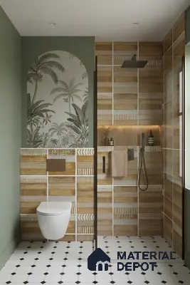 Modern bathroom with patterned wood-look wall tiles, tropical wallpaper accent, and black-and-white geometric floor tiles | Material Depot