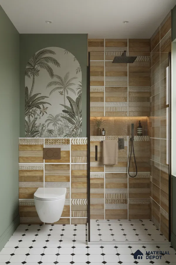 Modern bathroom with patterned wood-look wall tiles, tropical wallpaper accent, and black-and-white geometric floor tiles | Material Depot