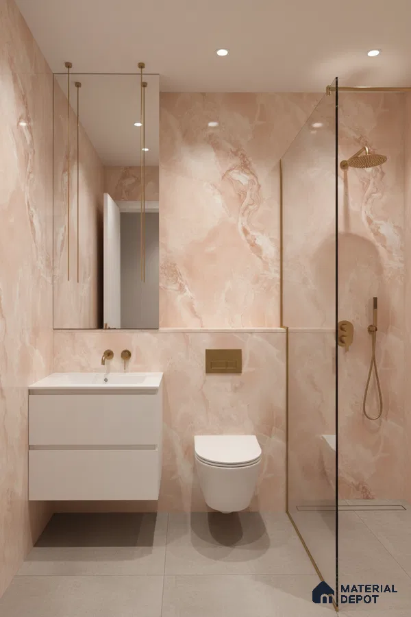 Modern bathroom with peach marble-look wall tiles, matte grey floor tiles, and gold accents | Material Depot