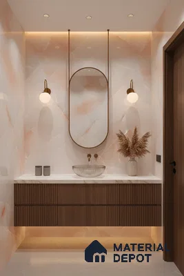 Modern bathroom with peach onyx marble wall tiles, fluted walnut vanity, and white marble countertop | Material Depot