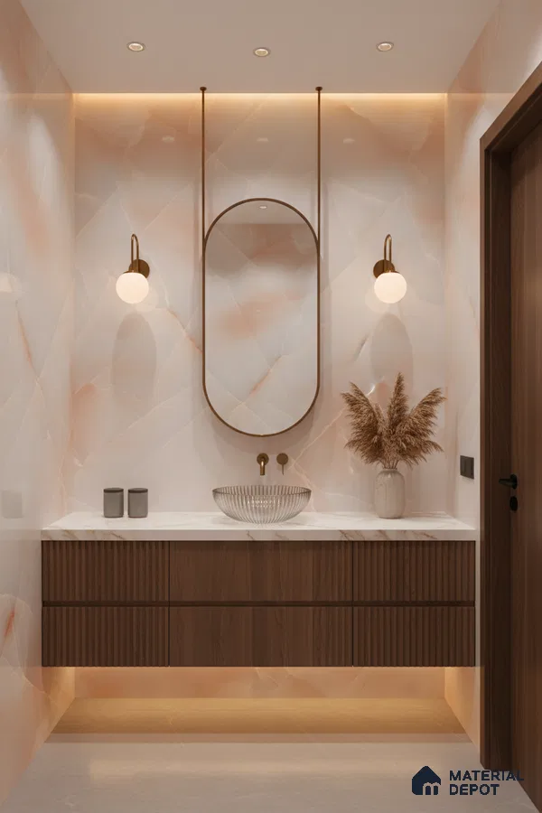 Modern bathroom with peach onyx marble wall tiles, fluted walnut vanity, and white marble countertop | Material Depot