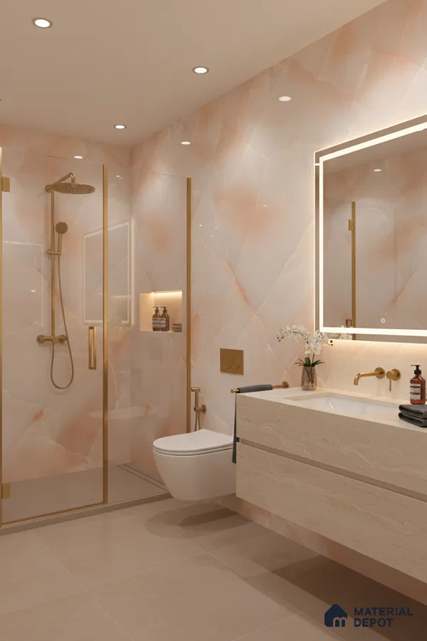 Modern bathroom with peach onyx marble-look wall tiles and beige matte floor tiles | Material Depot