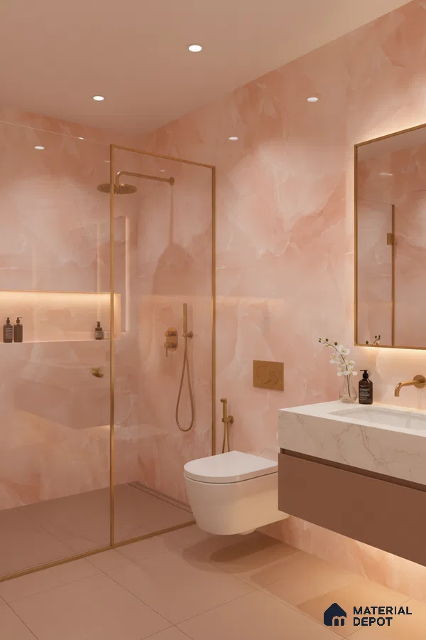 Modern bathroom with peach onyx marble-look wall tiles, matte beige floor tiles, and white marble vanity countertop | Material Depot