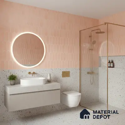 Modern bathroom with peach scallop wall tiles and terrazzo floor and wall tiles | Material Depot