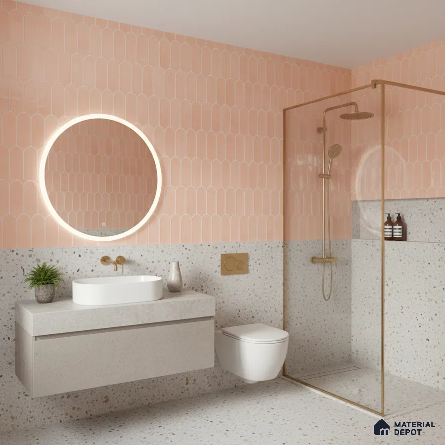 Modern bathroom with peach scallop wall tiles and terrazzo floor and wall tiles | Material Depot