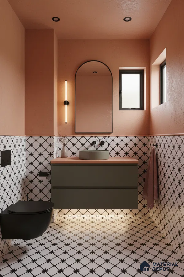 Modern bathroom with peach wall paint, geometric black-and-white patterned tiles, and olive green floating vanity in Bengaluru | Material Depot