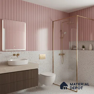 Modern bathroom with pink fluted wall tiles, terrazzo wall and floor tiles, and wood vanity | Material Depot
