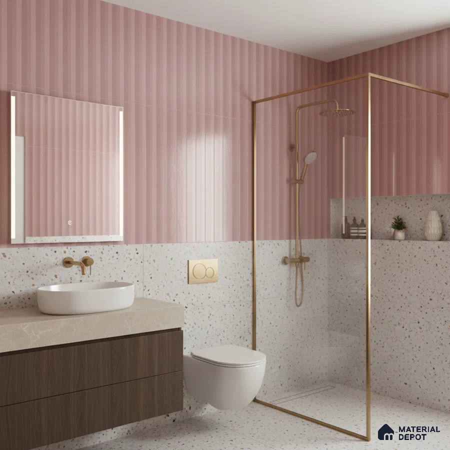 Modern bathroom with pink fluted wall tiles, terrazzo wall and floor tiles, and wood vanity | Material Depot