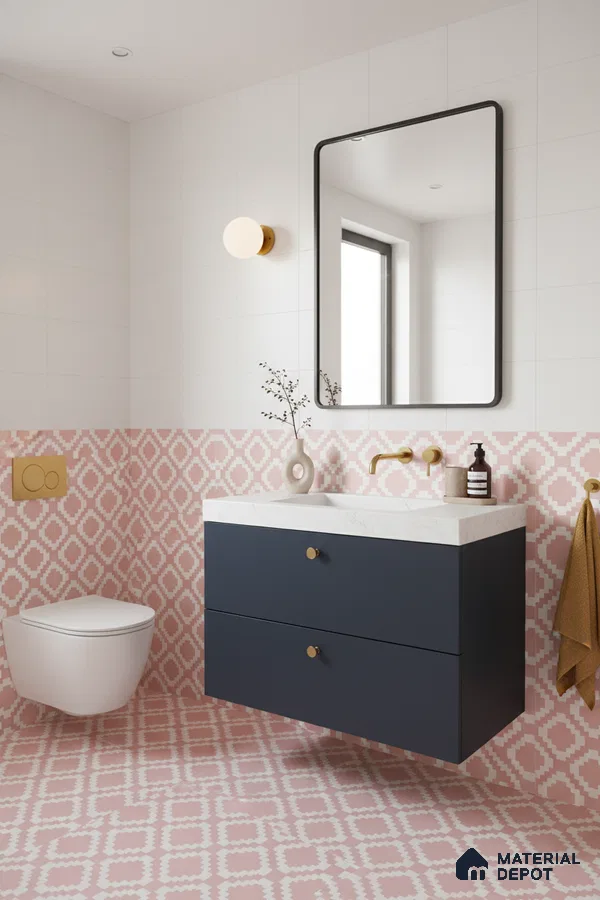 Modern bathroom with pink geometric patterned tiles, navy blue vanity, and white quartz countertop in Bengaluru | Material Depot