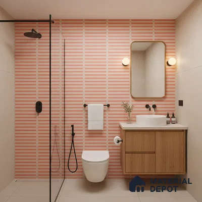 Modern bathroom with pink kitkat wall tiles, beige floor tiles, and wood vanity | Material Depot