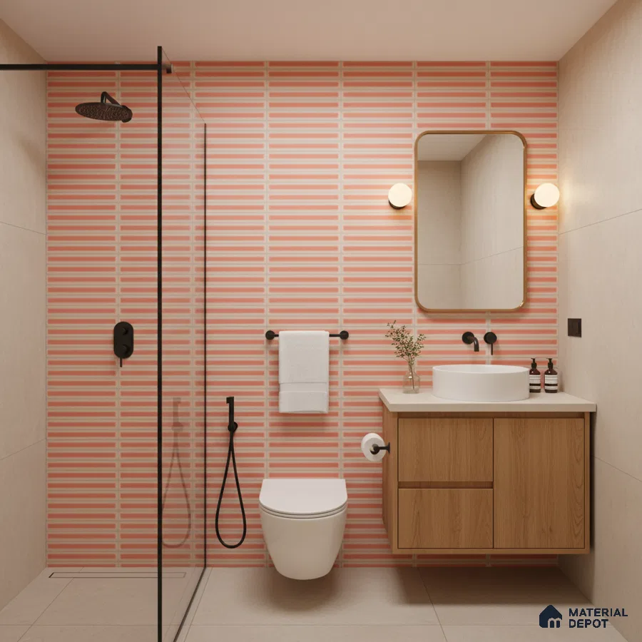 Modern bathroom with pink kitkat wall tiles, beige floor tiles, and wood vanity | Material Depot