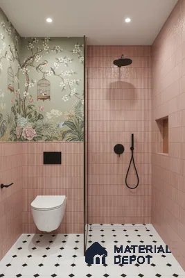 Modern bathroom with pink kitkat wall tiles, chinoiserie floral wallpaper, and black-and-white geometric floor tiles | Material Depot