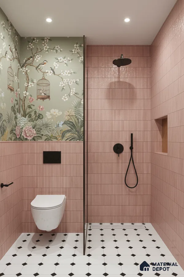 Modern bathroom with pink kitkat wall tiles, chinoiserie floral wallpaper, and black-and-white geometric floor tiles | Material Depot