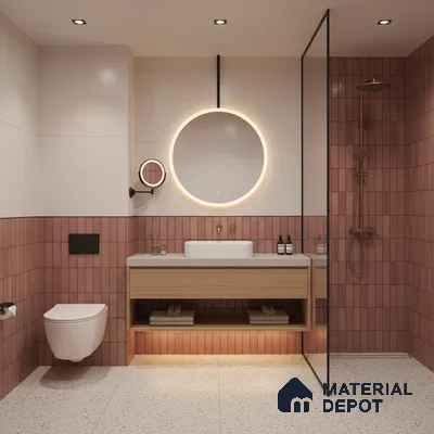 Modern bathroom with pink kitkat wall tiles, terrazzo floor tiles, and light wood floating vanity | Material Depot