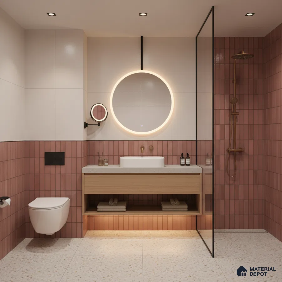 Modern bathroom with pink kitkat wall tiles, terrazzo floor tiles, and light wood floating vanity | Material Depot