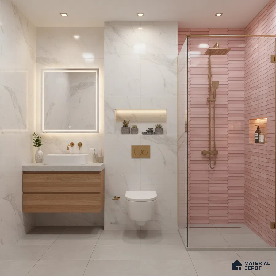Modern bathroom with pink kitkat wall tiles, white marble-look wall tiles, and floating wood vanity | Material Depot