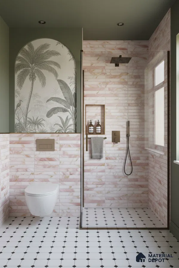 Modern bathroom with pink marble-look wall tiles, black-and-white geometric floor tiles, and tropical arch mural | Material Depot