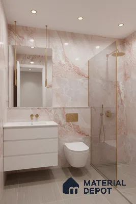 Modern bathroom with pink onyx marble-look wall tiles, matte beige floor tiles, and gold accents | Material Depot