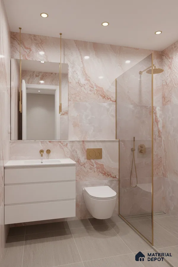 Modern bathroom with pink onyx marble-look wall tiles, matte beige floor tiles, and gold accents | Material Depot