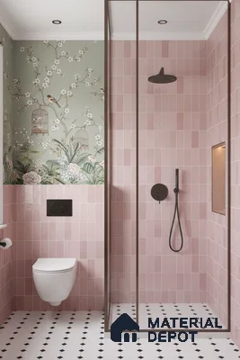 Modern bathroom with pink subway wall tiles, floral wallpaper, and black-and-white geometric floor tiles | Material Depot