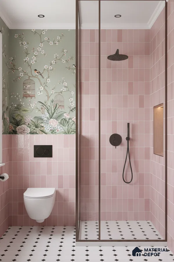 Modern bathroom with pink subway wall tiles, floral wallpaper, and black-and-white geometric floor tiles | Material Depot