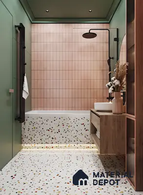Modern Bathroom with Pink Tiles and Terrazzo Floor | Material Depot