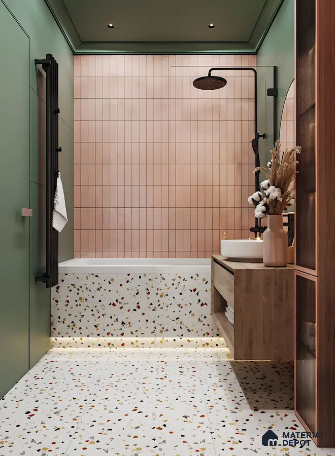 Modern Bathroom with Pink Tiles and Terrazzo Floor | Material Depot