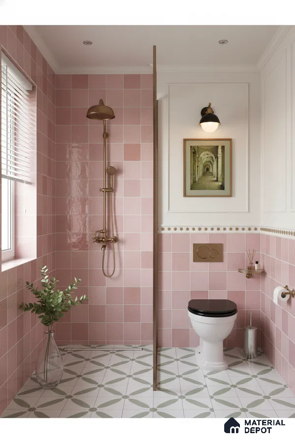 Modern bathroom with pink wall tiles and green geometric patterned floor tiles | Material Depot
