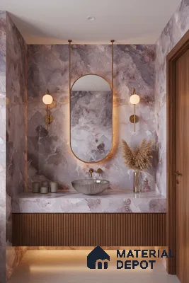 Modern bathroom with purple onyx marble-look tiles and fluted walnut vanity | Material Depot