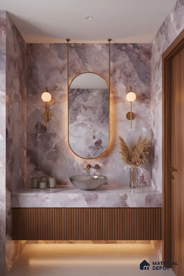 Modern bathroom with purple onyx marble-look tiles and fluted walnut vanity | Material Depot