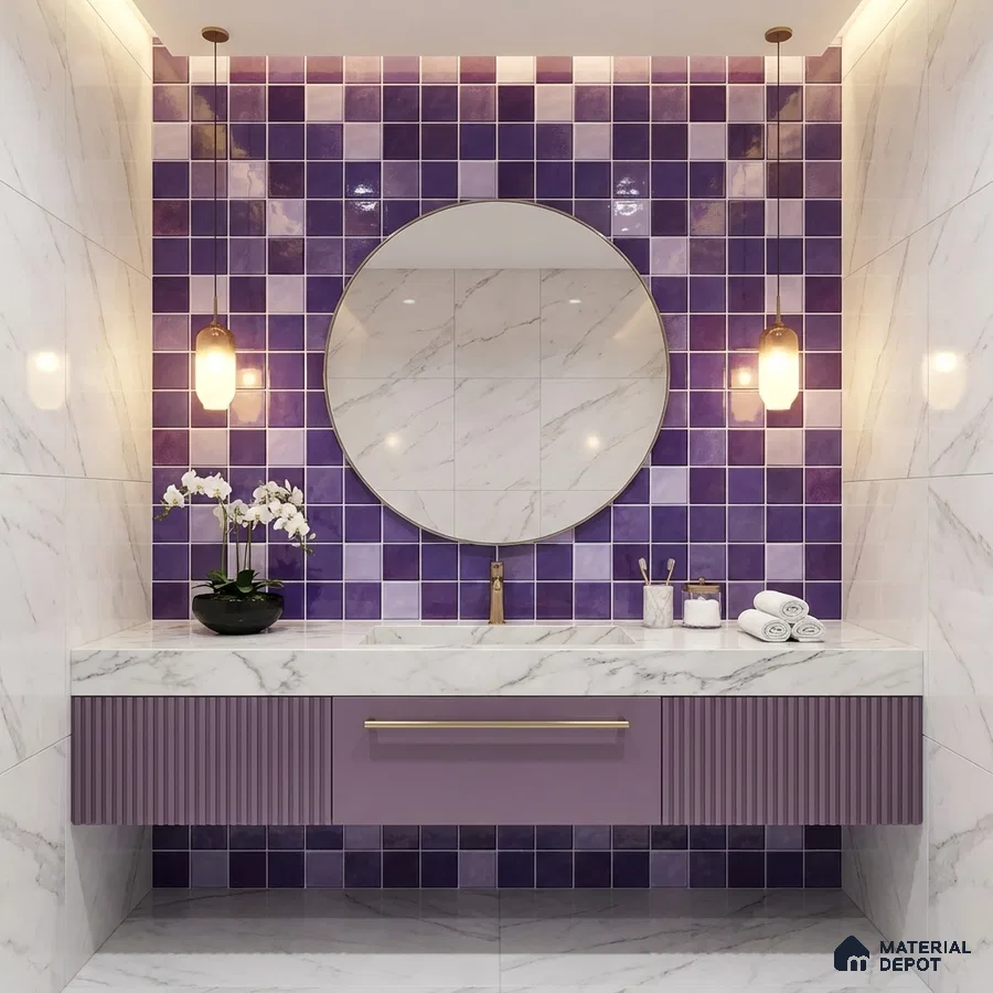 Modern bathroom with purple square wall tiles, marble-look wall tiles, and fluted lavender vanity laminate