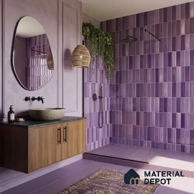 Modern bathroom with purple subway wall tiles, matte lavender floor tiles, and wood vanity