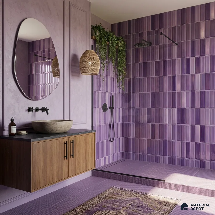 Modern bathroom with purple subway wall tiles, matte lavender floor tiles, and wood vanity