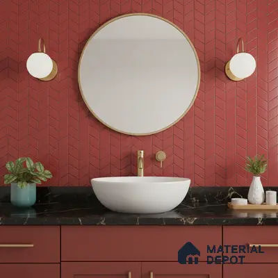 Modern bathroom with red chevron wall tiles and black marble countertop