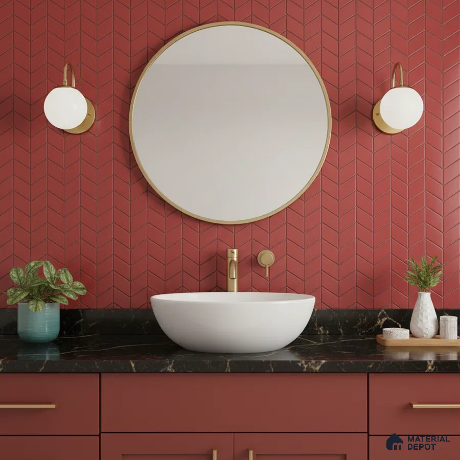 Modern bathroom with red chevron wall tiles and black marble countertop