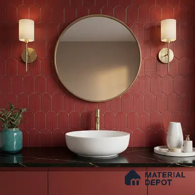 Modern bathroom with red fluted scallop wall tiles and black marble countertop
