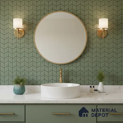 Modern bathroom with sage green chevron wall tiles and white marble countertop