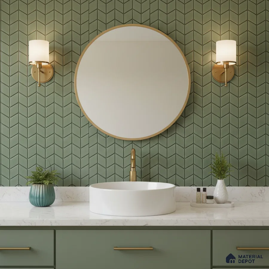 Modern bathroom with sage green chevron wall tiles and white marble countertop